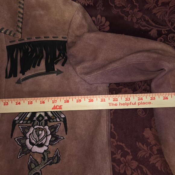 Double D Ranch Brown Suede Embroidered  Leather Fringe Jacket Woman's Size XL - Picture 7 of 9